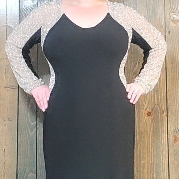 XSCAPE Plus "Wren" Long Jersey Knit Long Sleeve Crystal Beaded Dress EUC worn on - Picture 10 of 12